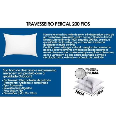 Travesseiro Fibras Siliconadas Plus Percal 200 Fios Kit C/ 4 Un 70x50x15 - Ortobom