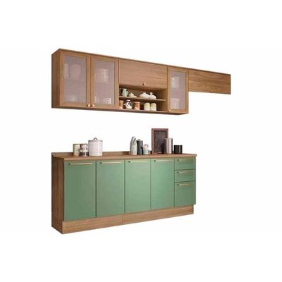 Cozinha Modulada Completa Botanic 7 Peças 3 Aéreos + 2 Balcões+ 2 Complementos M656 Nogueira Verde Oliva