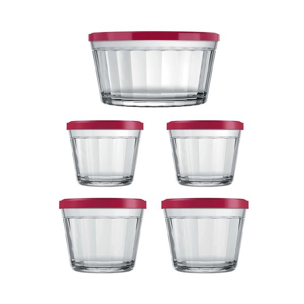 Conjunto de Tigelas Nadir em Vidro com Tampa Vermelha Copo Americano com 5 Peças Conjunto de Tigelas Nadir em Vidro com Tampa Vermelha Copo Americano com 5 Peças