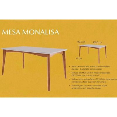 Conjunto Mesa Sala Jantar Monalisa Com Tampo Madeirado Com Vidro 160cm E 4 Cadeiras Rainha Natural Nesher