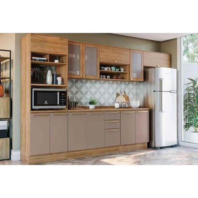 Kit Cozinha Modulada 8 Peças Botanic 3 Aéreos + 2 Balcões + 1 Paneleiro+ 2 Complementos M663 Nogueira Fendi