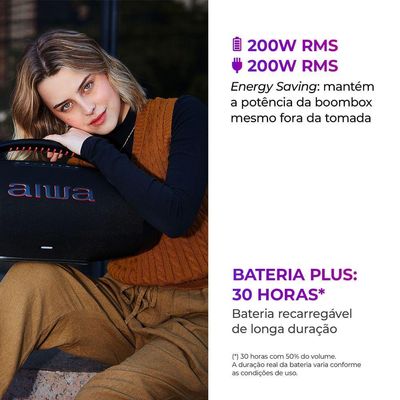 Caixa De Som Boombox Plus Aiwa BBS-01-B 200W Bluetooth 30h IP66 USB Preto Boombox AWS-BBS-01-B Bivolt