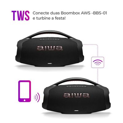Caixa De Som Boombox Plus Aiwa BBS-01-B 200W Bluetooth 30h IP66 USB Preto Boombox AWS-BBS-01-B Bivolt