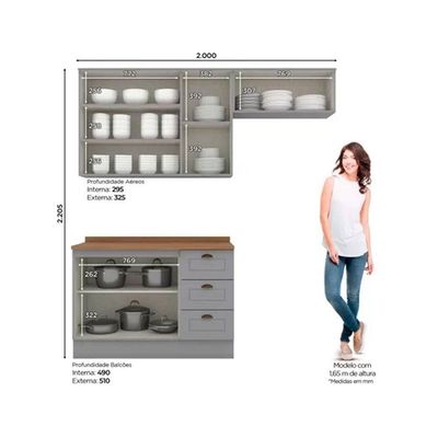 Kit Cozinha Modulada 4 Peças Americana 2 Aéreos + 1 Balcão + 1 Complemento Cz149 Cinza