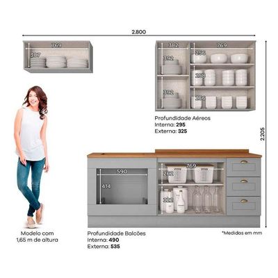 Cozinha Completa 6 Peças Americana 2 Aéreos 2 Balcões 2 Complementos Cz151 Cinza