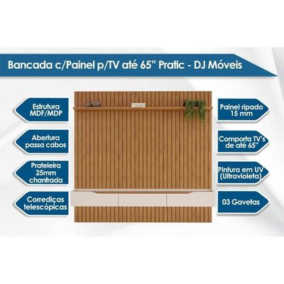 Home P- Tv Até 65 Pol Pratic Ripado C- 3 Gavetas 223x240cm Freijó-off White - Dj Móveis