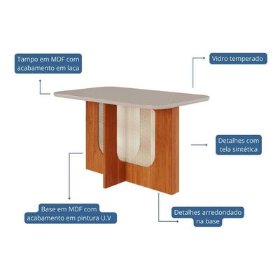 Mesa Para Cozinha Louise Com Tampo Madeirado Com Vidro 130x80cm Cinamomo Off White Cimol