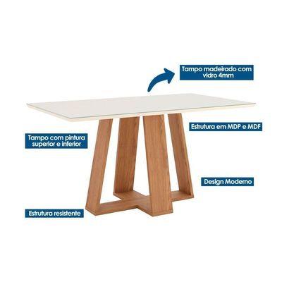 Mesa Para Cozinha Lins Sc93 Com Tampo Madeirado Com Vidro Reto 160x90cm Nature Off White Henn