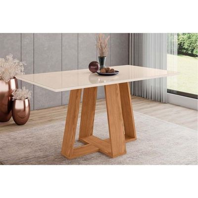 Mesa Para Cozinha Lins Sc93 Com Tampo Madeirado Com Vidro Reto 160x90cm Nature Off White Henn