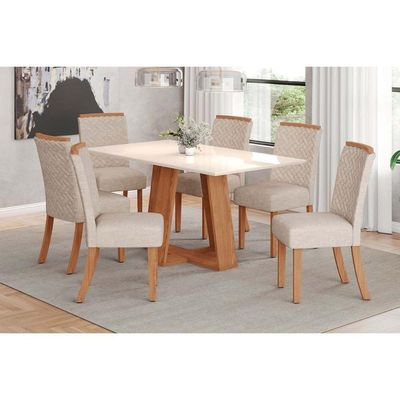 Conjunto Mesa De Cozinha Lins Com Tampo Madeirado Reto 160x90cm E 6 Cadeiras Malu Nature Linho Henn
