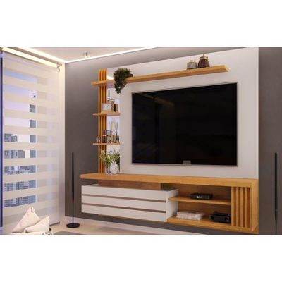 Rack Bancada C/ Painel P/ Tv Até 55 Pol Marin 1 Porta E Torre Ripada 160x153cm Bali/cedro - Dj Móveis