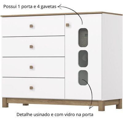 Cômoda 4 Gavetas E Porta Com Vidro Aconchego Branco Jequitibá Hp