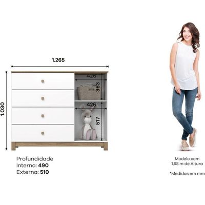 Cômoda 4 Gavetas E Porta Com Vidro Aconchego Branco Jequitibá Hp