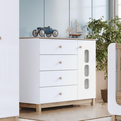Cômoda 4 Gavetas E Porta Com Vidro Aconchego Branco Jequitibá Hp