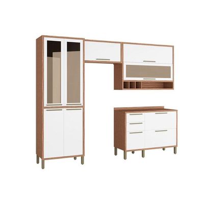 Cozinha Modulada Completa Syrah 4 Peças 2 Aéreos + 1 Balcão + 1 Paneleiro C4p05 Amendoa Branco Ronipa