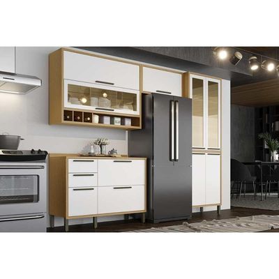 Cozinha Modulada Completa Syrah 4 Peças 2 Aéreos + 1 Balcão + 1 Paneleiro C4p05 Amendoa Branco Ronipa