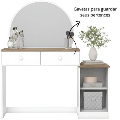 Penteadeira Com Espelho Circular 2 Gavetas E Porta Agnes Branco Jequitibá Hp