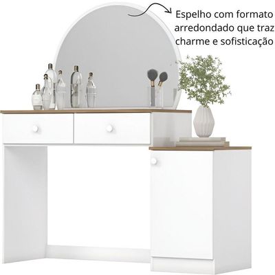 Penteadeira Com Espelho Circular 2 Gavetas E Porta Agnes Branco Jequitibá Hp