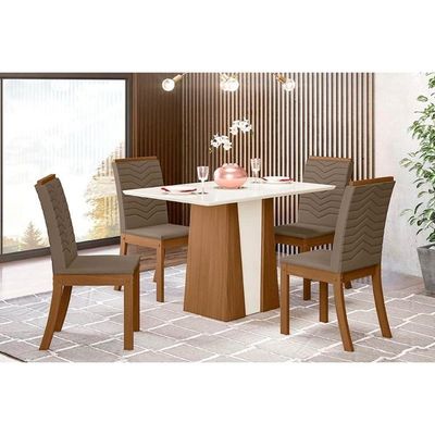 Conjunto Mesa De Cozinha Orus Tampo Madeirado Com Vidro 120x80cm E 4 Cadeiras Isa Nature Suede Light Bege Henn
