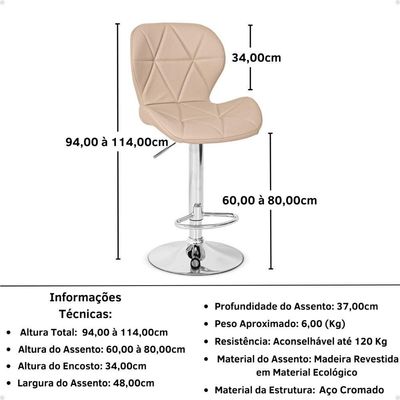 Kit 06 Banquetas Slim Estofada Giratória Com Regulagem De Altura - Nude