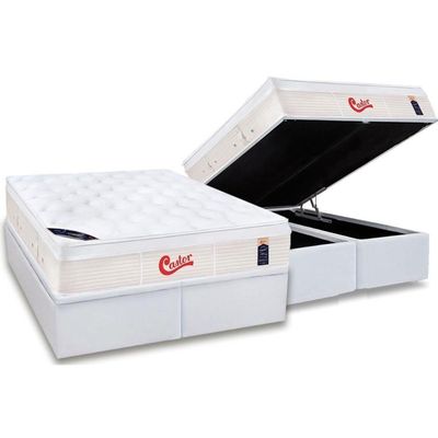 Cama Box Baú Queen: Colchão Molas Pocket Ensacadas Castor Gold Star Vitagel + Base Crc Courano White (158x198)