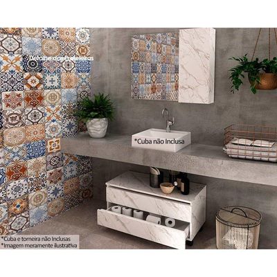 Conjunto De Banheiro Balcão C- Rodizios Bn3603 S- Cuba 80cm E Armário C- Espelho Bn3602 Mármore Branco - Tecno Mobili