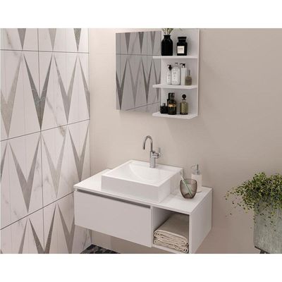 Conjunto De Banheiro Balcão Suspenso Bn3601 S- Cuba 80cm E Armário C- Espelho Bn3608 Branco - Tecno Mobili