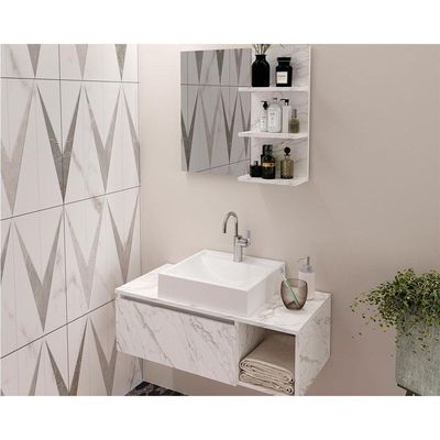 Conjunto De Banheiro Balcão Suspenso Bn3601 S- Cuba 80cm E Armário C- Espelho Bn3608 Cor Mármore Branco - Tecno Mobili