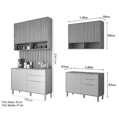 Kit Cozinha Modulada 3 Peças Divina 1 Aéreo + 1 Balcão + Complemento Cz008 Freijó Titanium