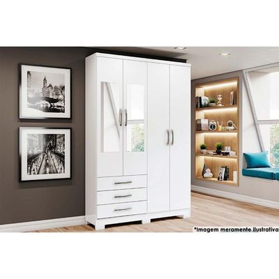 Guarda Roupa Casal 4 Portas (2 C- Espelho) E 3 Gavetas C- Pés Caju Da135 Branco - Henn