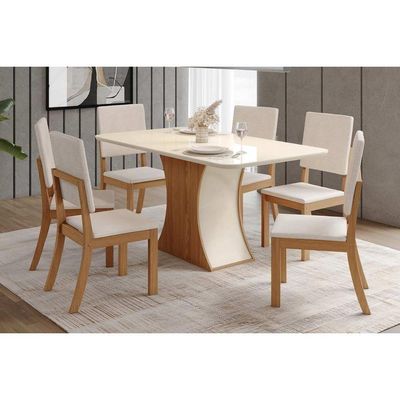 Conjunto Mesa Sala Jantar Luiza Com Tampo Curvo Madeirado Com Vidro 160x80cm E 6 Cadeiras Milla Nature Linho Henn
