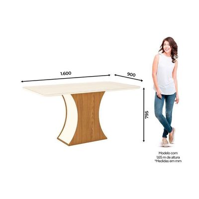 Conjunto Mesa Sala Jantar Luiza Com Tampo Curvo Madeirado Com Vidro 160x80cm E 6 Cadeiras Milla Nature Linho Henn