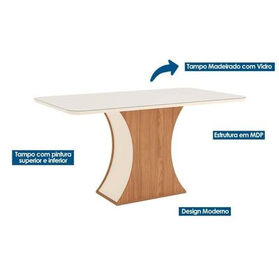 Conjunto Mesa Sala Jantar Luiza Com Tampo Curvo Madeirado Com Vidro 160x80cm E 6 Cadeiras Milla Nature Linho Henn