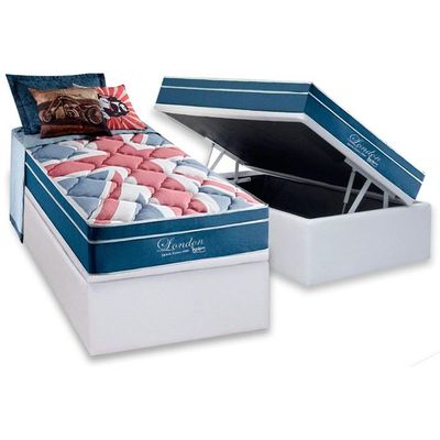 Cama Box Baú Solteiro: Colchão Molas Masterpocket Ensacadas London + Base Crc Courano White (88x188)
