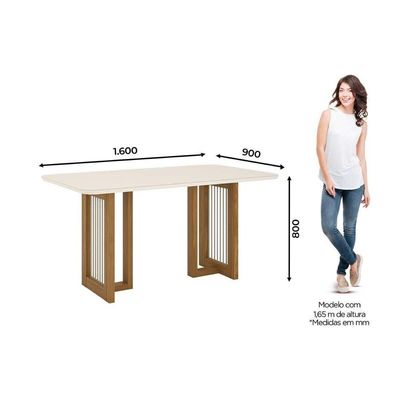 Conjunto Mesa Sala Jantar Yara Com Tampo Madeirado Com Vidro Curvo 160x90cm E 6 Cadeiras Malu Nature Linho Henn