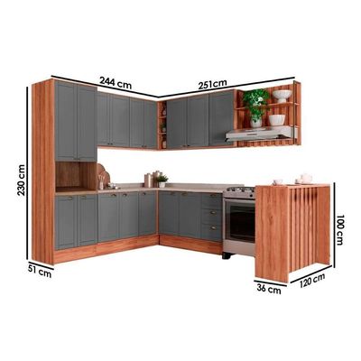 Cozinha Completa 9 Peças Bella 3 Aéreos 3 Balcões 1 Torre Quente 1 Ilha 1 Complemento C9p199 Nogal Cinza