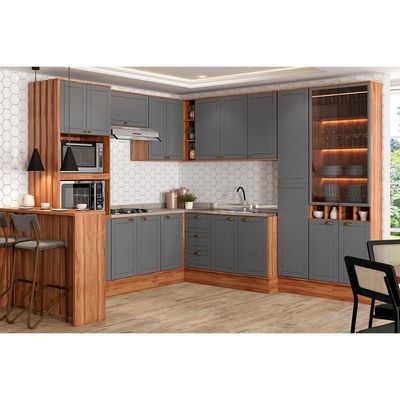 Balcão De Cozinha Modulado Com Tampo Bella 2611 Canto Reto Com 1 Porta 94cm Nogal Cinza