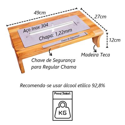 Lareira de Mesa Portátil Ecológica Inox a Álcool 39x16,5x6cm