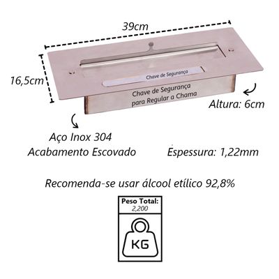 Lareira de Mesa Portátil Ecológica Inox a Álcool 39x16,5x6cm