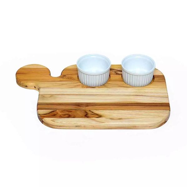 Tábua de Madeira Decorglass Teka para Lanche com 2 Ramequins Tábua de Madeira Decorglass Teka para Lanche com 2 Ramequins