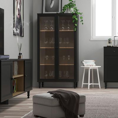 Cristaleira 2 Portas Vidro Pés Madeira 151x80 Cm E957 Preto Dtall Preto