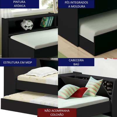 Cama Solteiro Bicama Bau Estante 2 Nichos Bb2829 Preto Dtall Preto