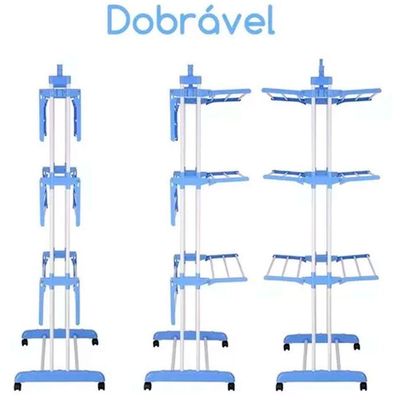 Varal De Chão 3 Andares Retrátil Dobrável Aço Inox Com Rodas