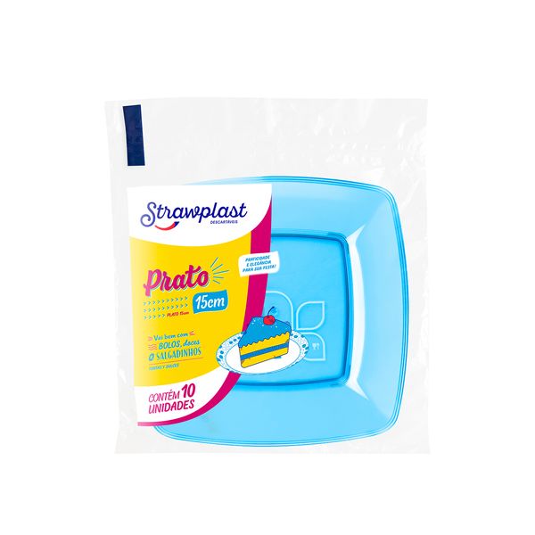 Prato Descartável Strawplast Quadrado 15cm com 10 Unidades Azul