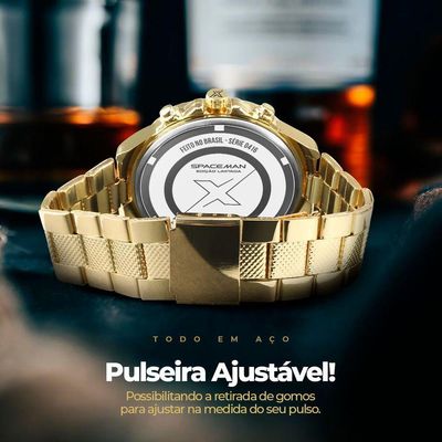 Relogio Masculino Dourado Inoxidavel Aço + Caixa Premium Grande Analogico Mostrador Preto Ponteiro
