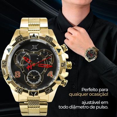 Relogio Masculino Dourado Inoxidavel Aço + Caixa Premium Grande Analogico Mostrador Preto Ponteiro