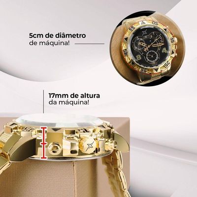 Relogio Masculino Dourado Inoxidavel Aço + Caixa Premium Grande Analogico Mostrador Preto Ponteiro