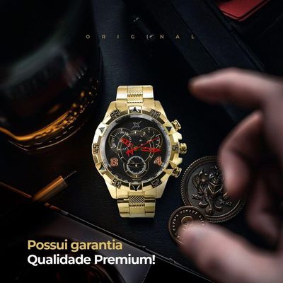 Relogio Masculino Dourado Inoxidavel Aço + Caixa Premium Grande Analogico Mostrador Preto Ponteiro