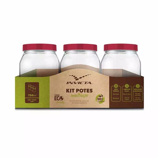 Conjunto de Potes para Mantimentos Invicta Liso Vermelho 750ml com 3 Peças