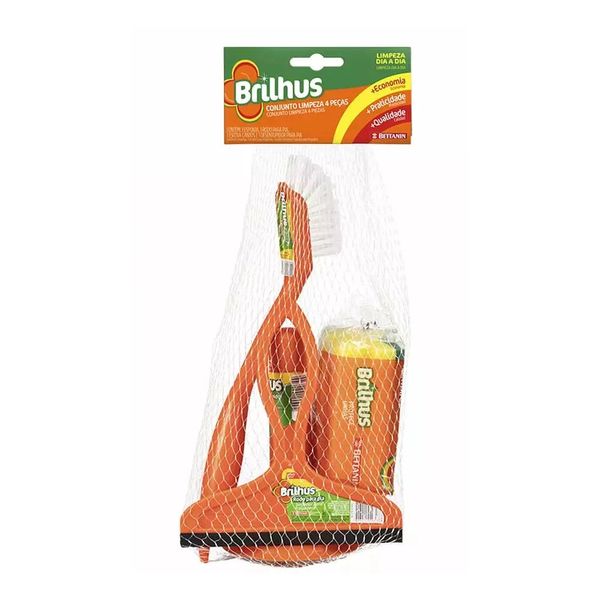 Kit Brilhus com 4 Peças com Rodo para Pia, Esponja, Escova Cantos e Desentupidor de Pia Laranja